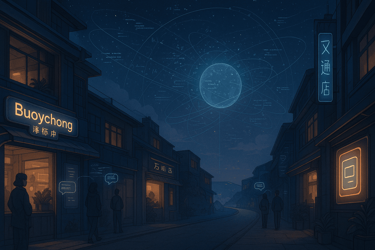 A dusk street with Buoychong and other kiosks under a data-filled sky.